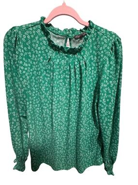 Adrianna Papell Green Floral Ruffle Neck Long-Sleeve Blouse